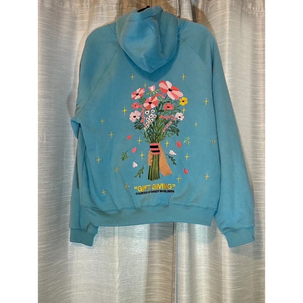 Dandy Worldwide Gift Giving Embroidered Hoodie Blue Floral Size Medium
